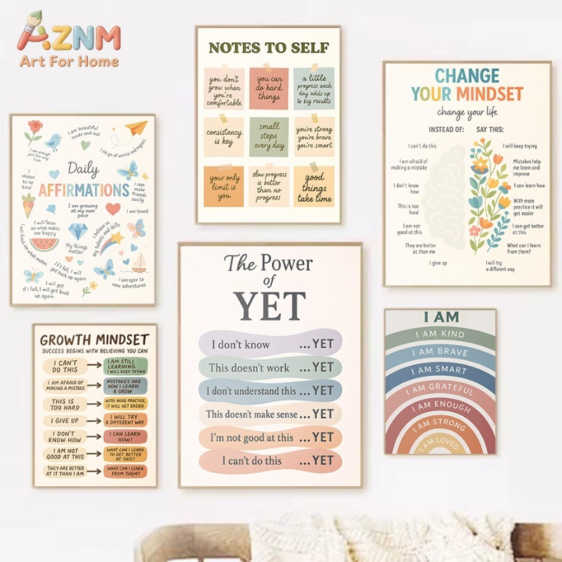 Kids Education Motivation - AZNM ソフトパステル グロースマインドセット キャンバスプリント ポジティブデイリーアファメーション モチベーションを高める教育用子供教室壁ポスター