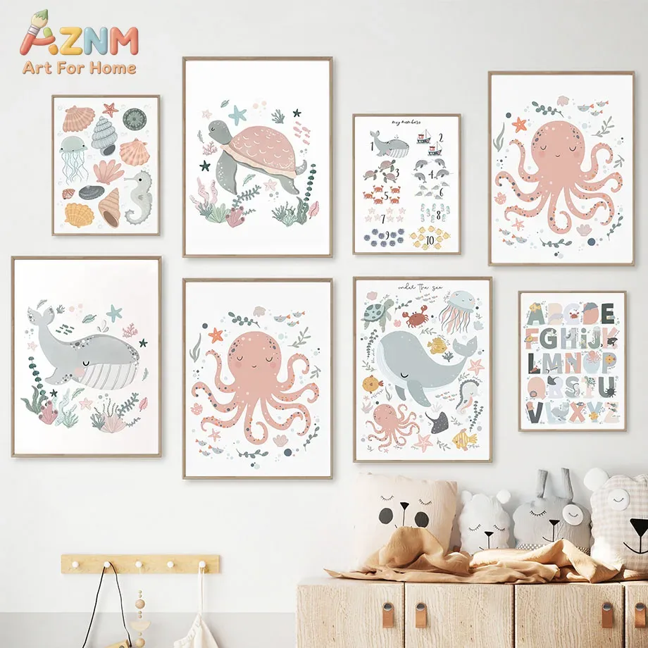 Kids No Education - AZNM 保育園海の動物キャンバスウォールアート タコ クジラ カメ プリント