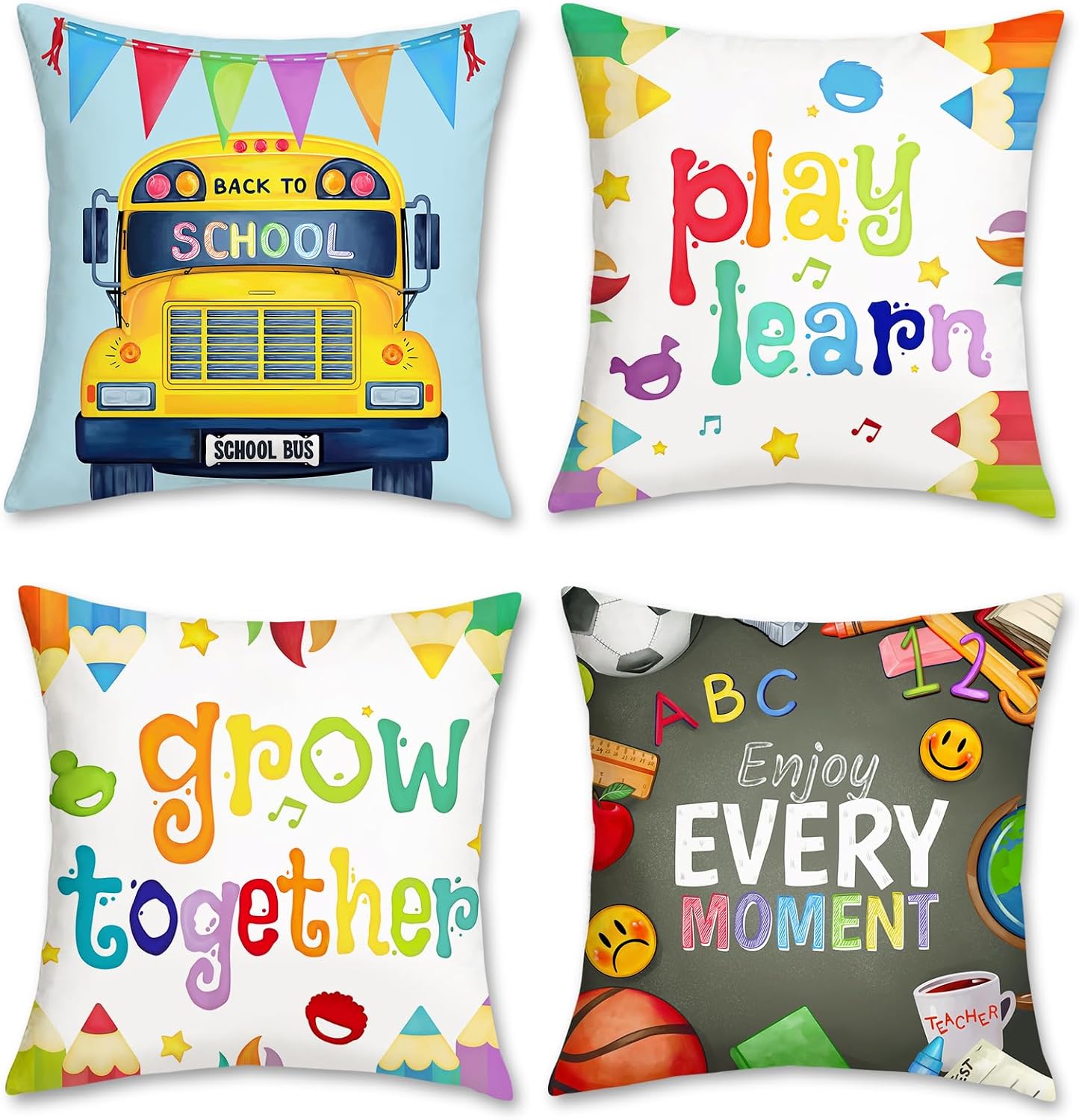 Kids Education Motivation - 4 パック バックトゥスクール保育園用スローピローカバーセット 教育学習装飾シャムス かわいい子供用教室モチベーションインスピレーション